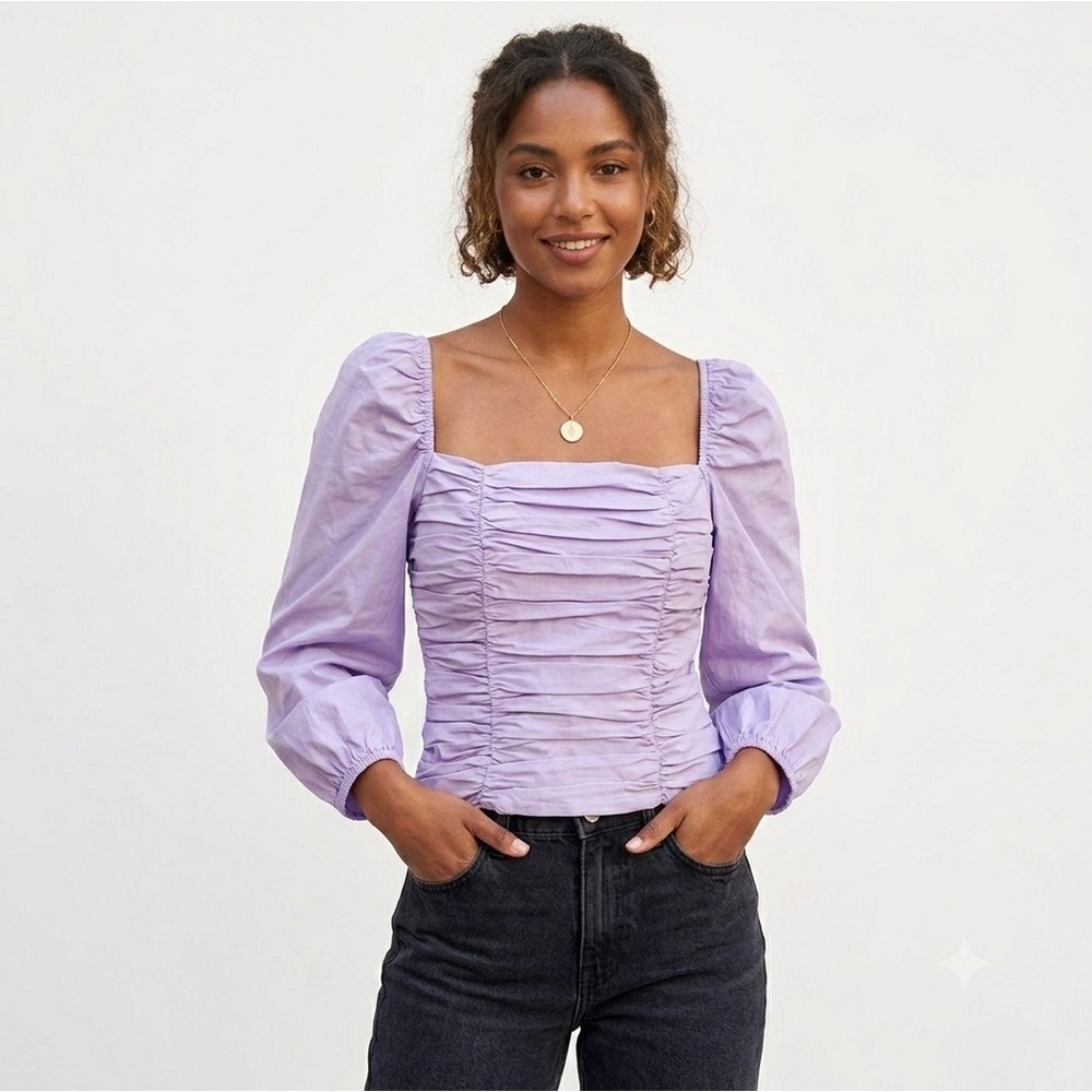 Lavender Ruched Square Neck Smocked Back Puff Sleeve Tie Back Top Purple Size XS